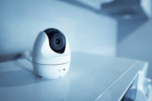 Camera de supraveghere alba amplasata pe un blat alb, oferind un aspect modern si elegant.